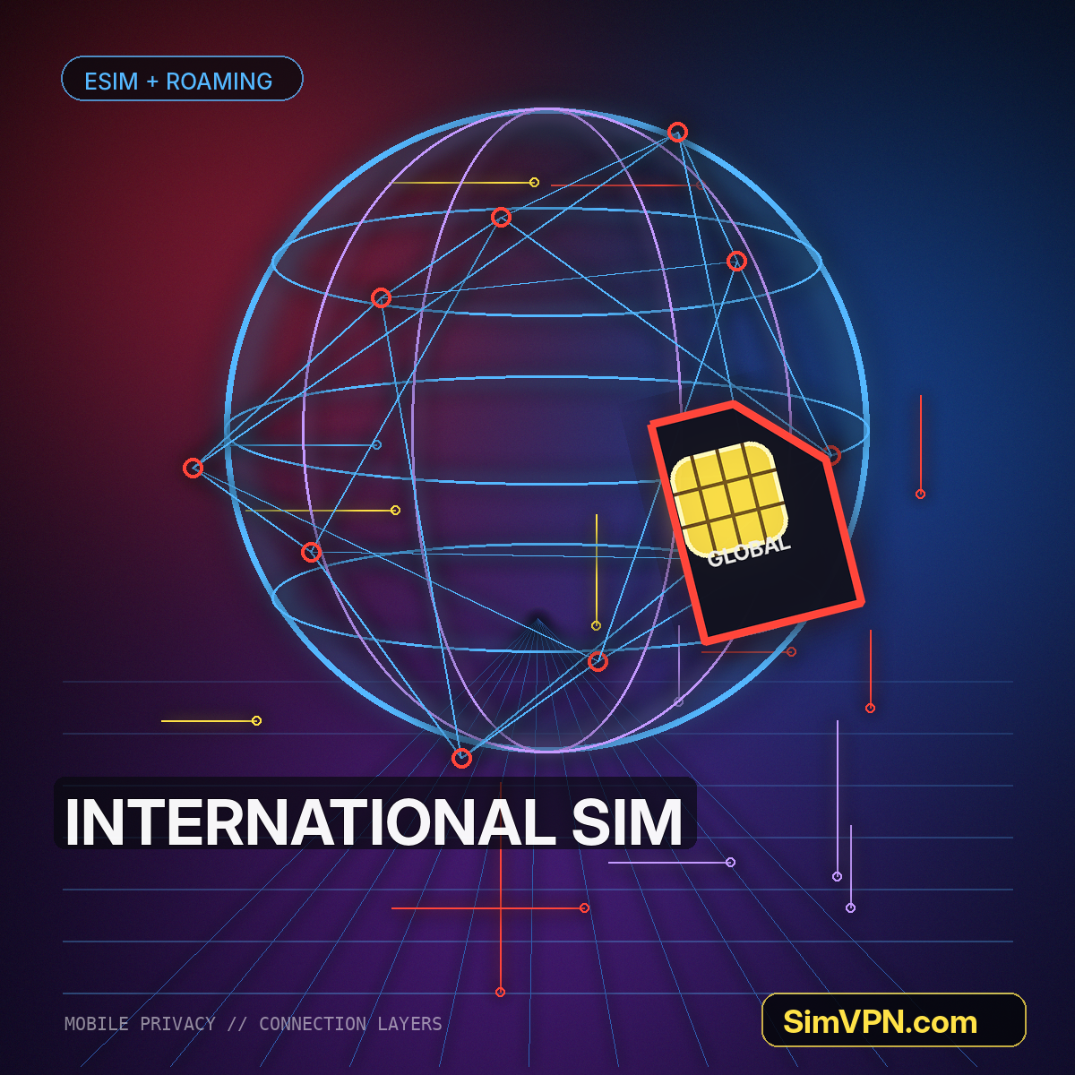 Neon world map connecting international SIM, eSIM, and roaming routes watermarked SimVPN.com