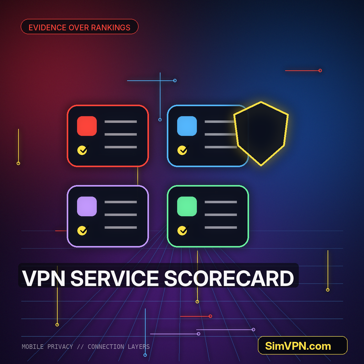 Neon mobile phone VPN app interface and provider evaluation scorecard watermarked SimVPN.com