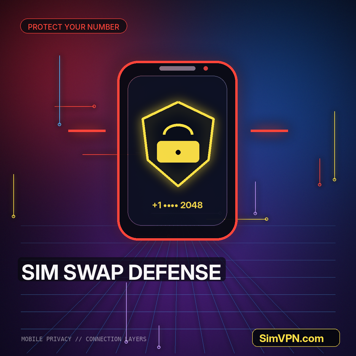 Neon phone number lock and security shield artwork watermarked SimVPN.com