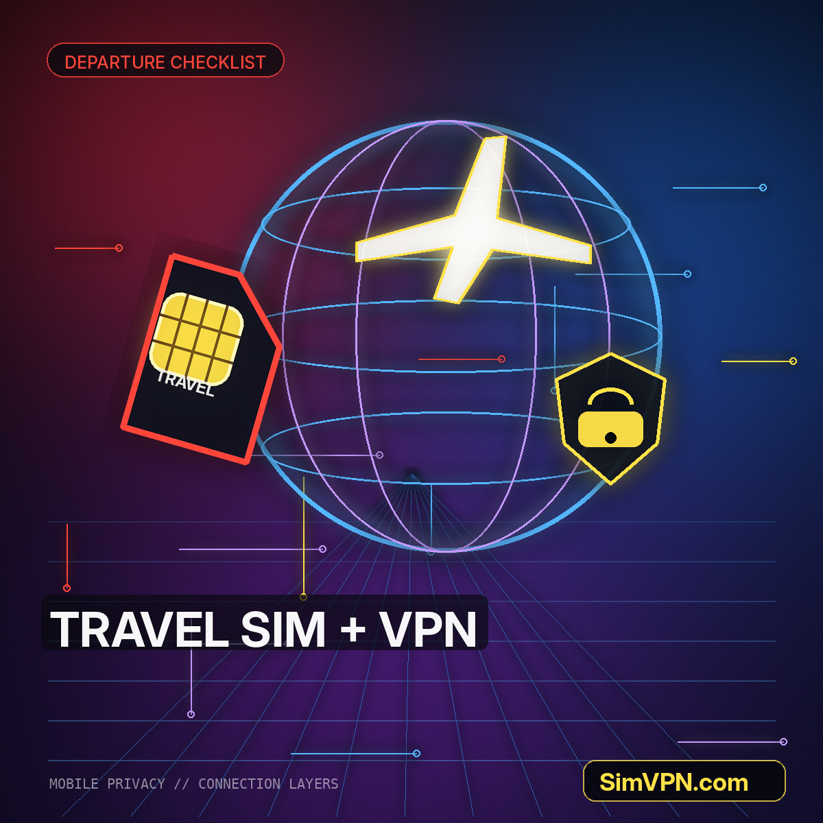 Neon travel phone, airplane, globe, SIM card, and VPN shield watermarked SimVPN.com